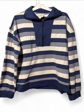 Umgee Navy & Cream Striped Quarter-Zip Pullover size Large